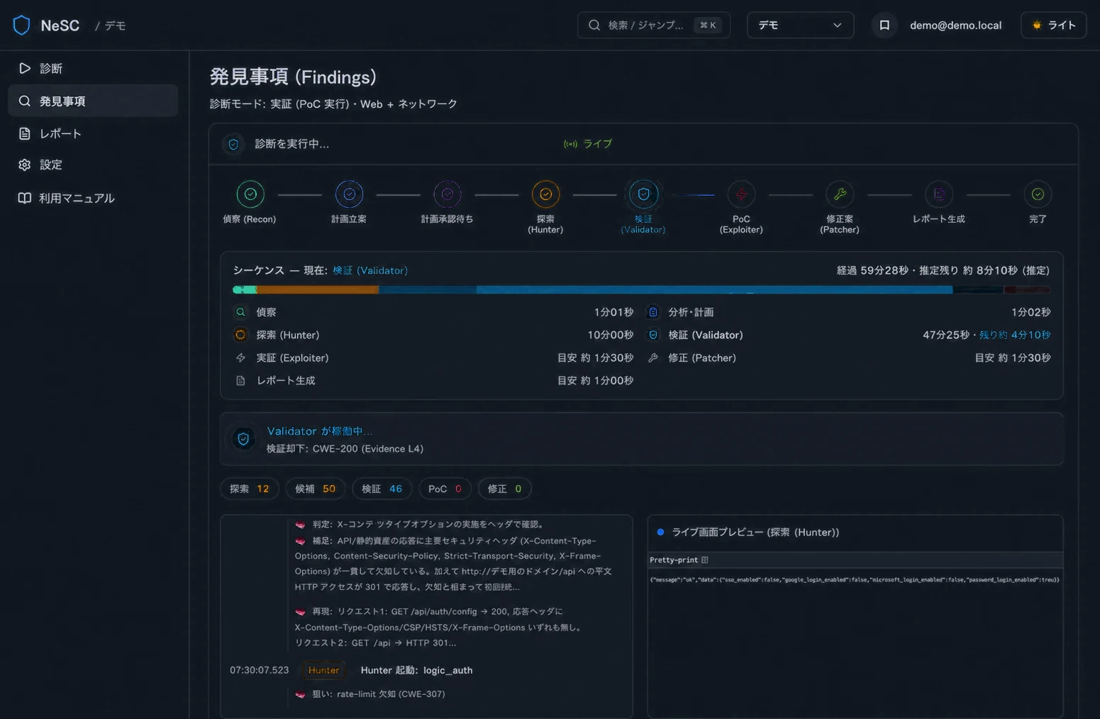 NeSCの診断画面。偵察から検証、実証、レポート生成までのシーケンスが進行している。